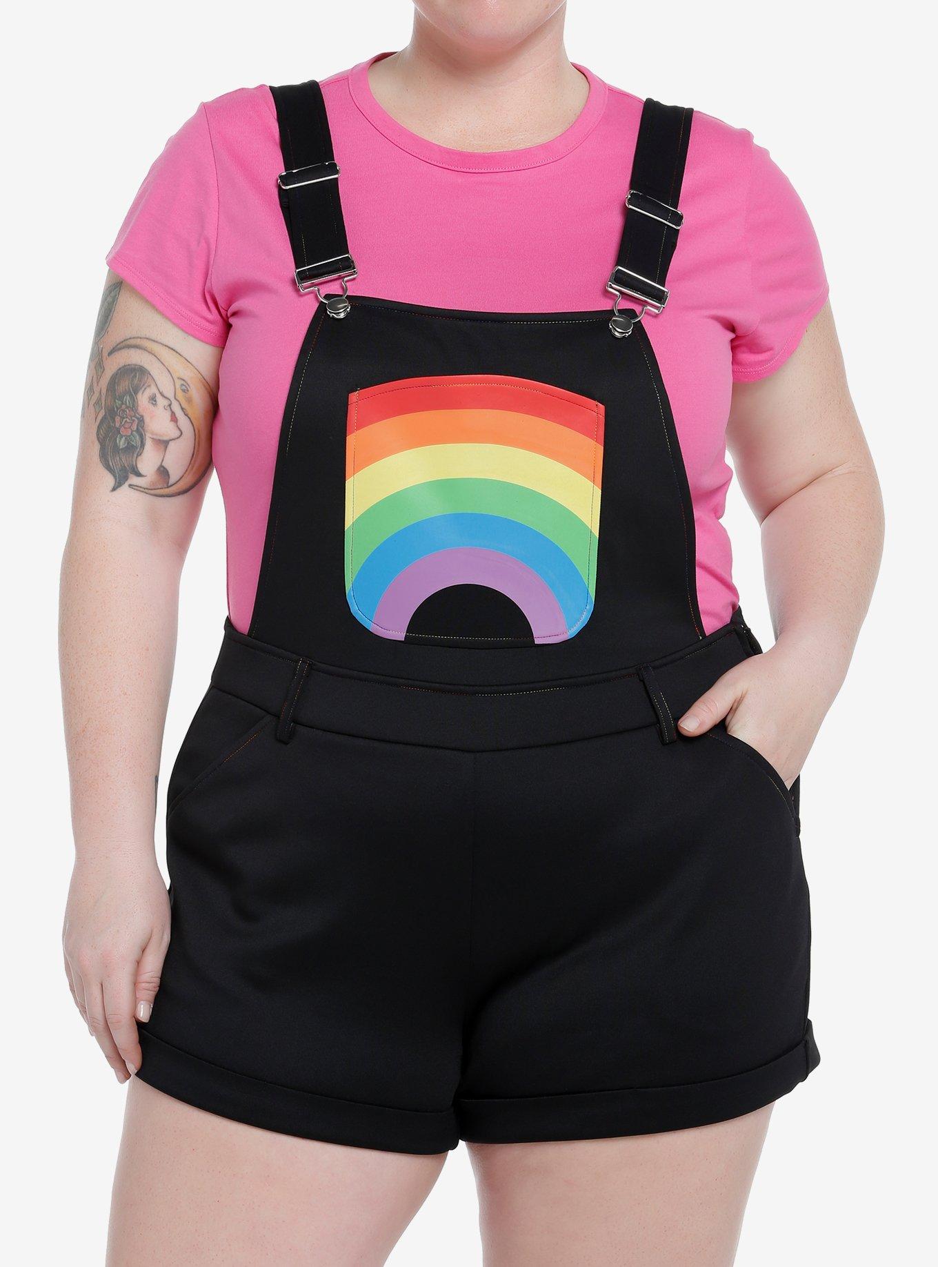 Rainbow Black Shortalls Plus Size, RAINBOW, hi-res