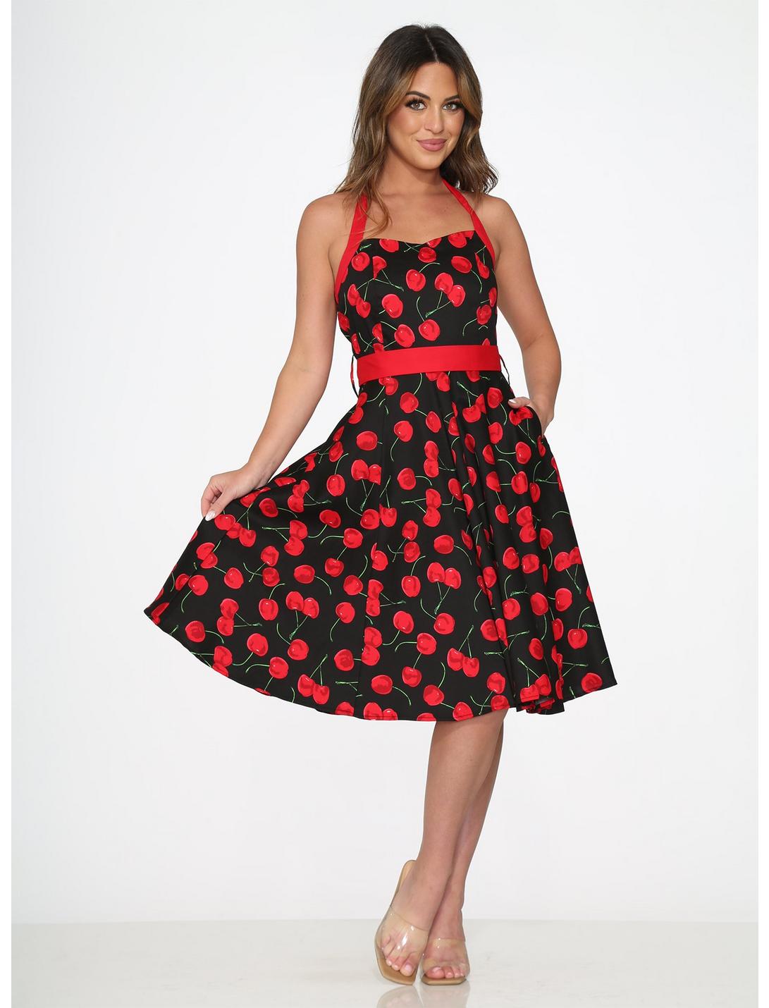 Black Red Cherry Halter Dress, BLACK, hi-res