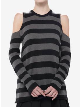 Social Collision Black & Grey Stripe Girls Cold Shoulder Sweater, , hi-res