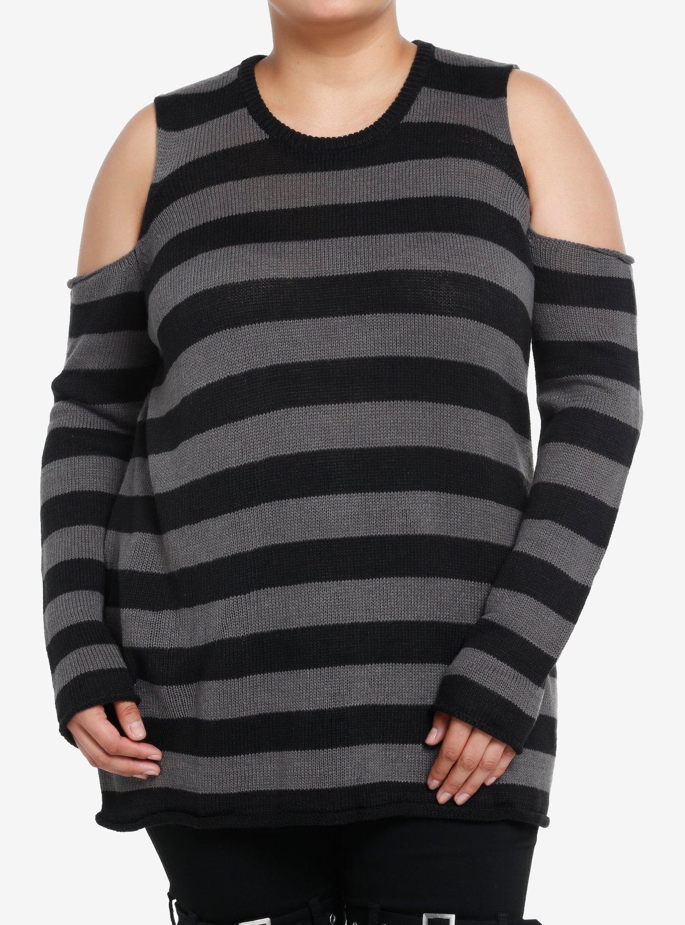 Social Collision Black & Grey Stripe Girls Cold Shoulder Sweater Plus Size, STRIPES-GREY, hi-res