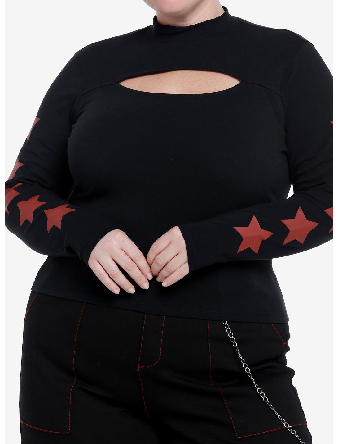 Social Collision Red Stars Cutout Girls Long-Sleeve T-Shirt Plus Size, BLACK, hi-res