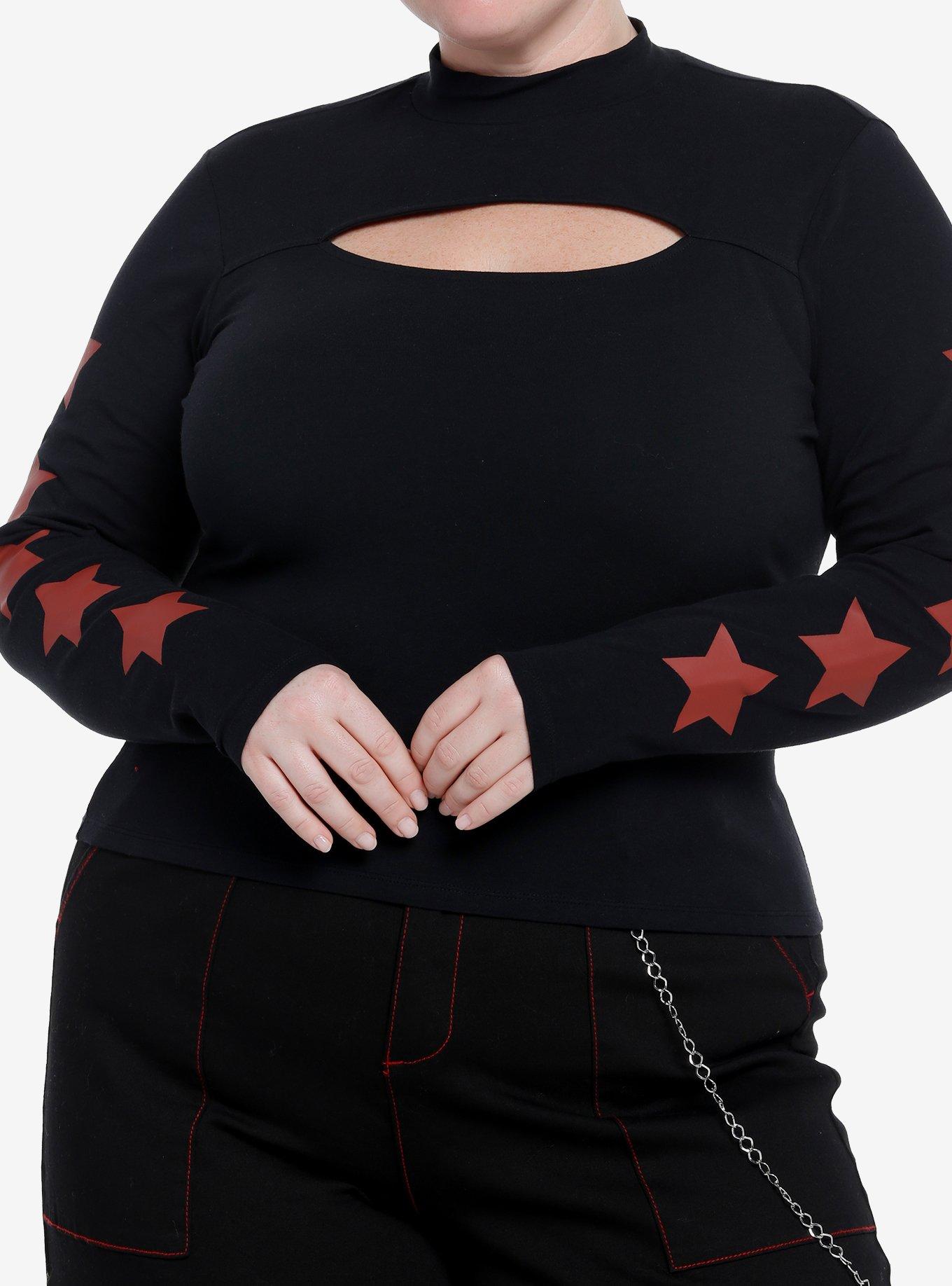 Social Collision Red Stars Cutout Girls Long-Sleeve T-Shirt Plus Size, , hi-res