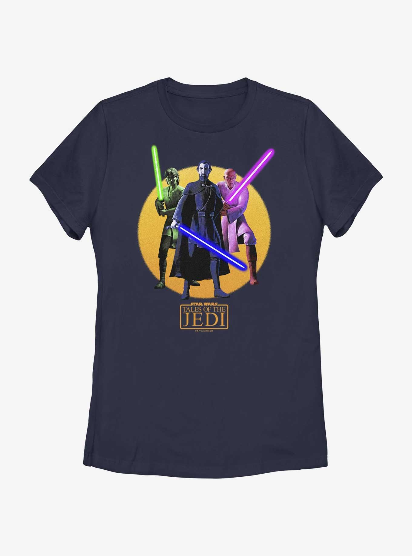 Star Wars: Tales of the Jedi Count Dooku, Qui-Gon Jinn, and Mace Windu Womens T-Shirt, NAVY, hi-res