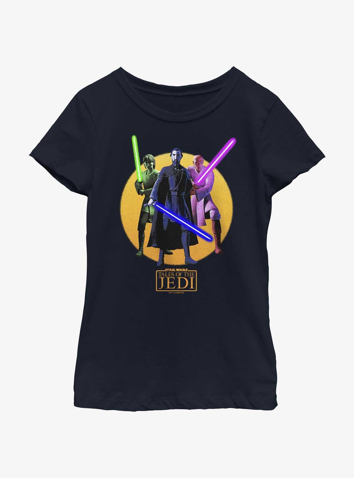 Star Wars: Tales of the Jedi Count Dooku, Qui-Gon Jinn, and Mace Windu Youth Girls T-Shirt, NAVY, hi-res