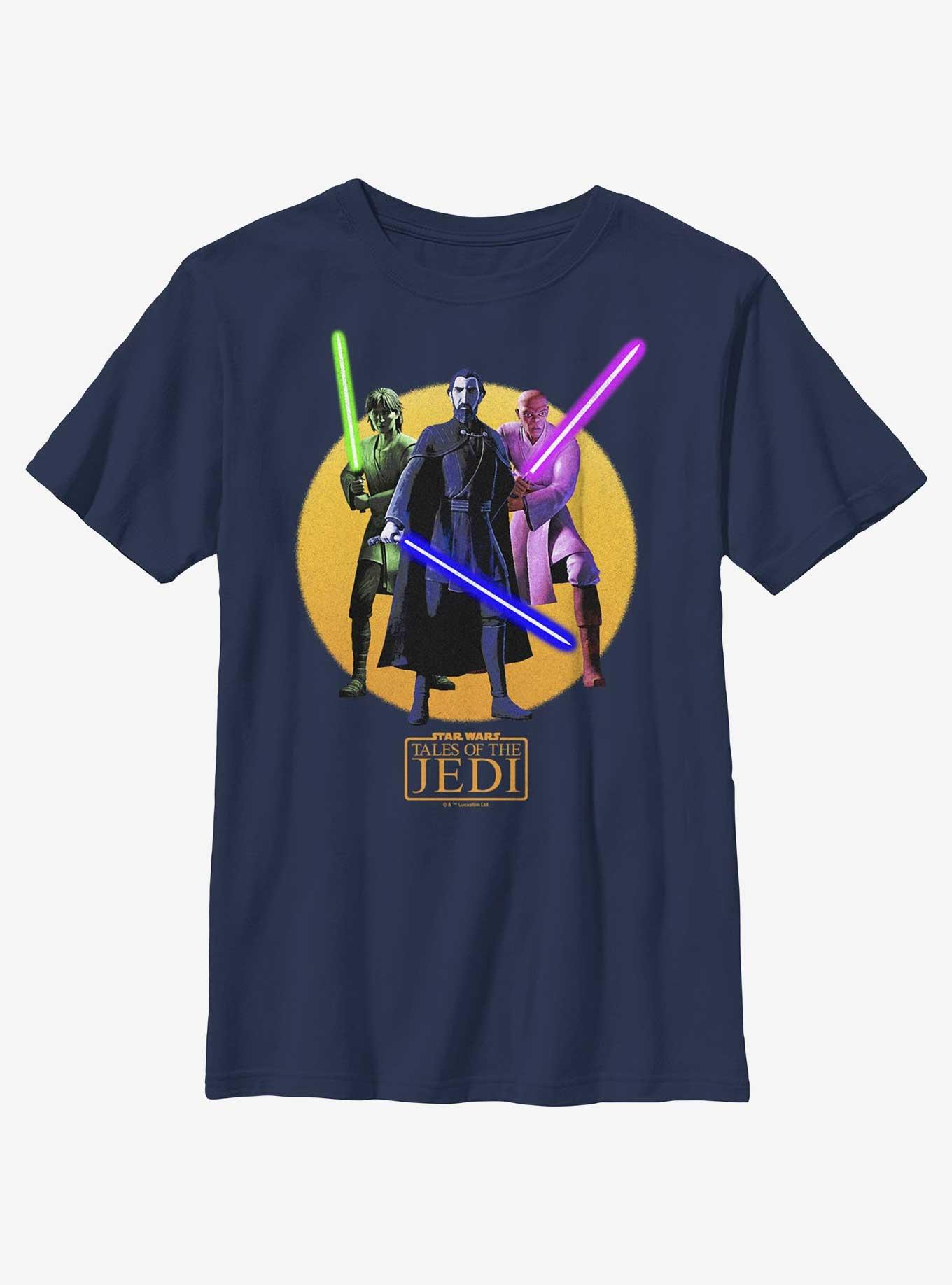 Star Wars: Tales of the Jedi Count Dooku, Qui-Gon Jinn, and Mace Windu Youth T-Shirt, NAVY, hi-res