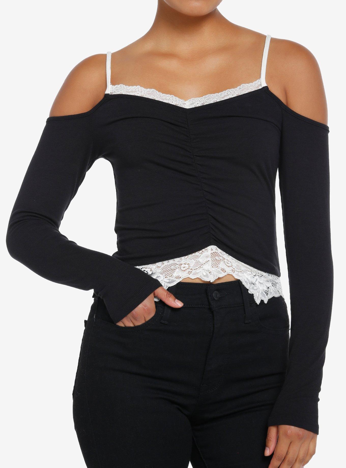 Thorn & Fable Black Ruched Lace Trim Girls Cold-Shoulder Top, , hi-res