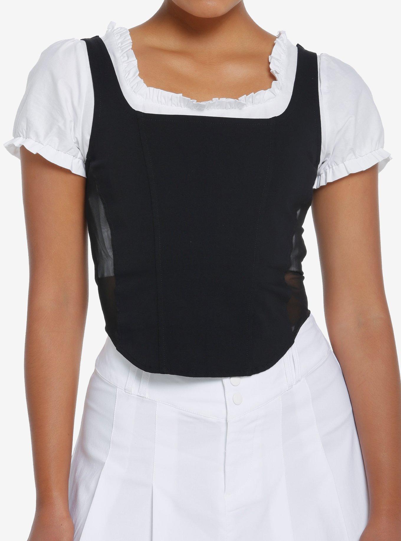Social Collision Black Corset Puff-Sleeve Twofer Top, WHITE, hi-res