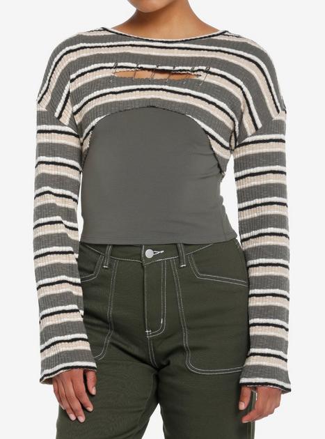 Social Collision Green And Tan Stripe Twofer Girls Long Sleeve Top Hot