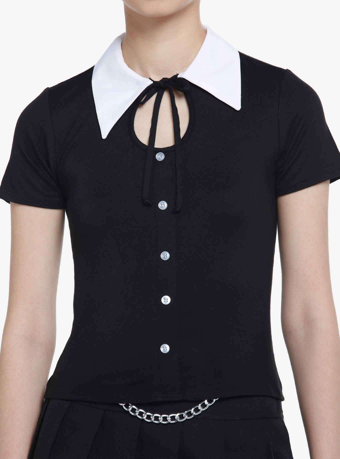 Black Pointy Collar Girls Top, BLACK, hi-res