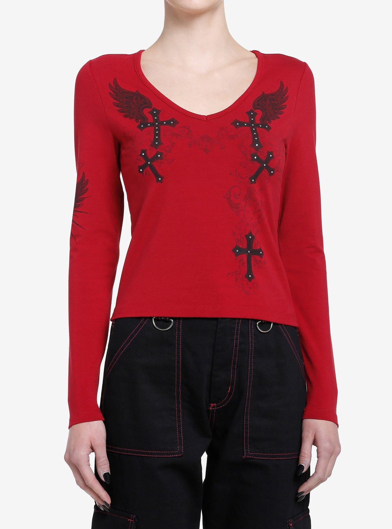 Social Collision Punk Gothic Cross Girls Long-Sleeve Top, BURGUNDY, hi-res