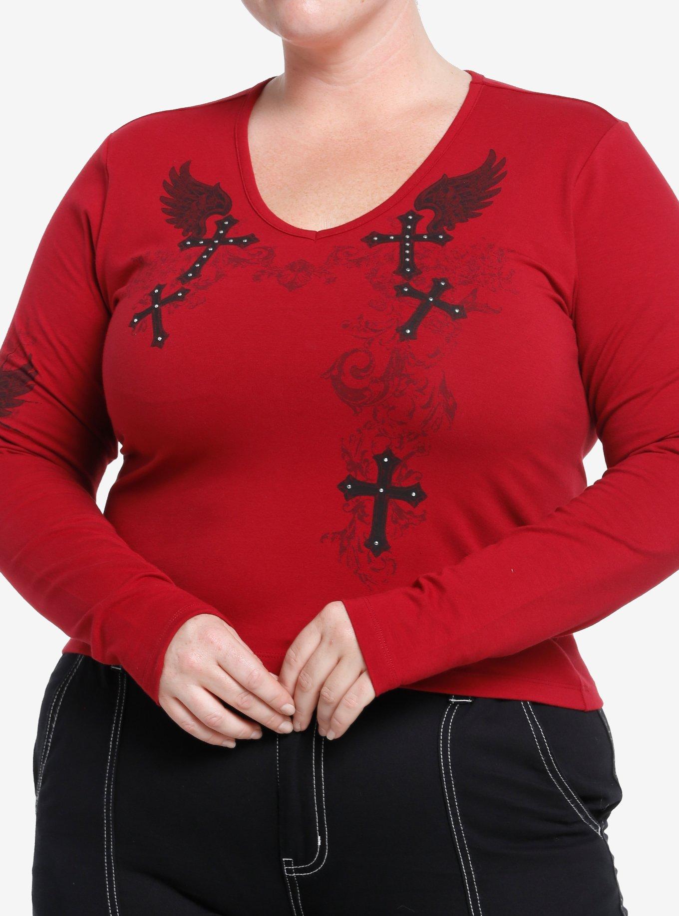 Social Collision Punk Gothic Cross Girls Long-Sleeve Top Plus Size, BURGUNDY, hi-res