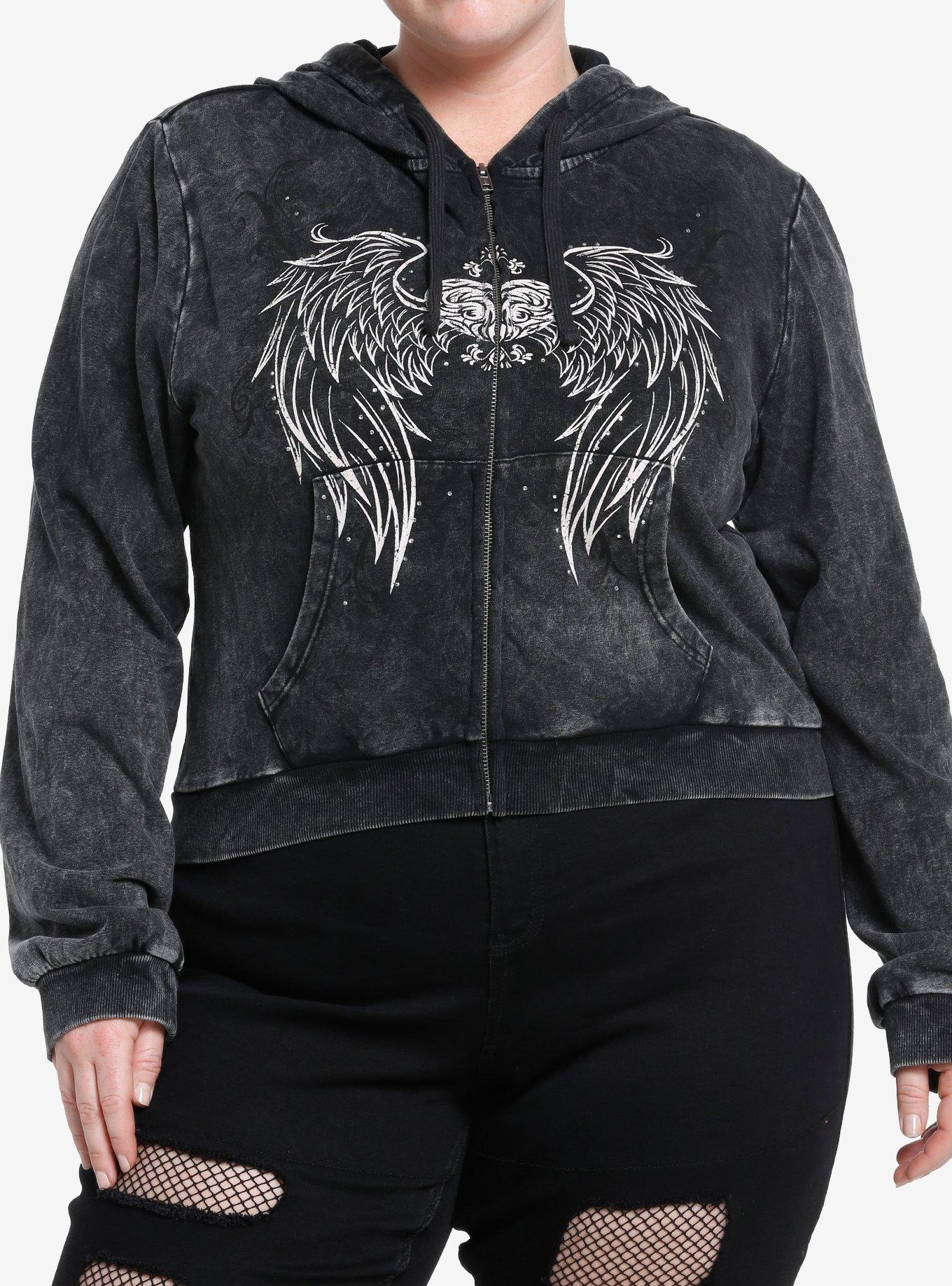 Social Collision Winged Heart Bejeweled Dark Wash Crop Girls Hoodie Plus Size, BLACK, hi-res