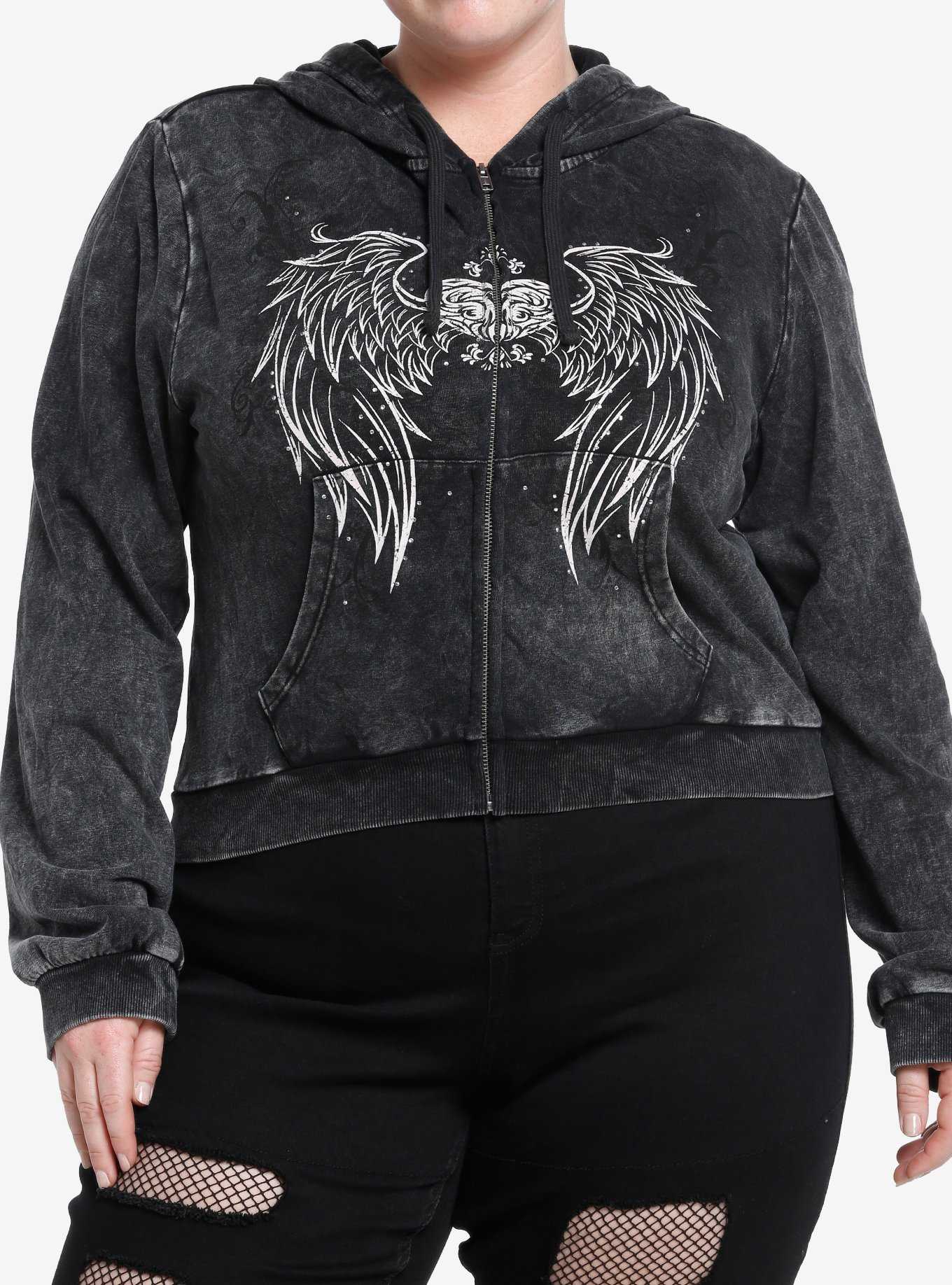 Social Collision Winged Heart Bejeweled Dark Wash Crop Girls Hoodie Plus Size, , hi-res