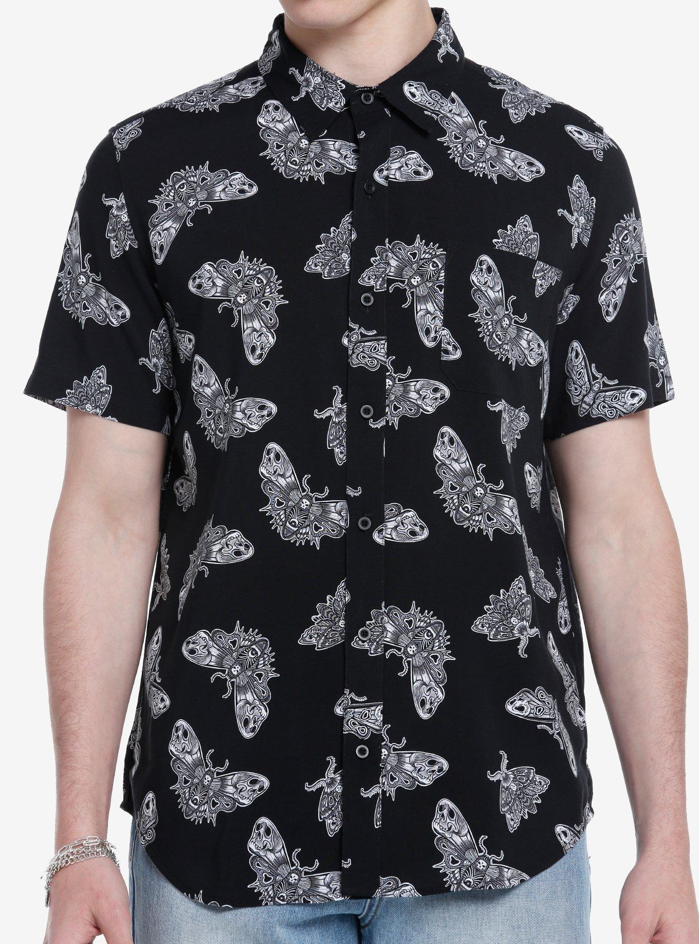 Death's-Head Moth Woven Button-Up, BLACK  WHITE, hi-res