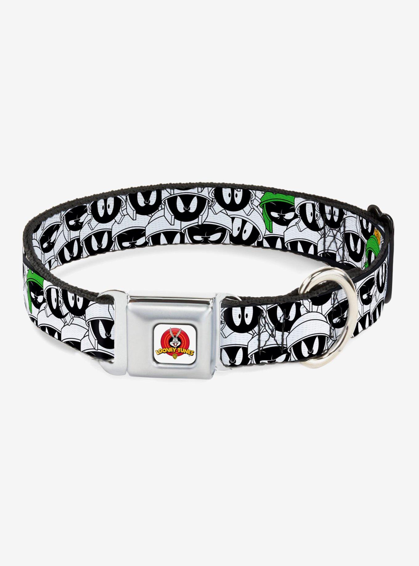 Looney Tunes Marvin The Martian stacked White Black Green Gold Seatbelt Buckle Dog Collar, MULTICOLOR, hi-res