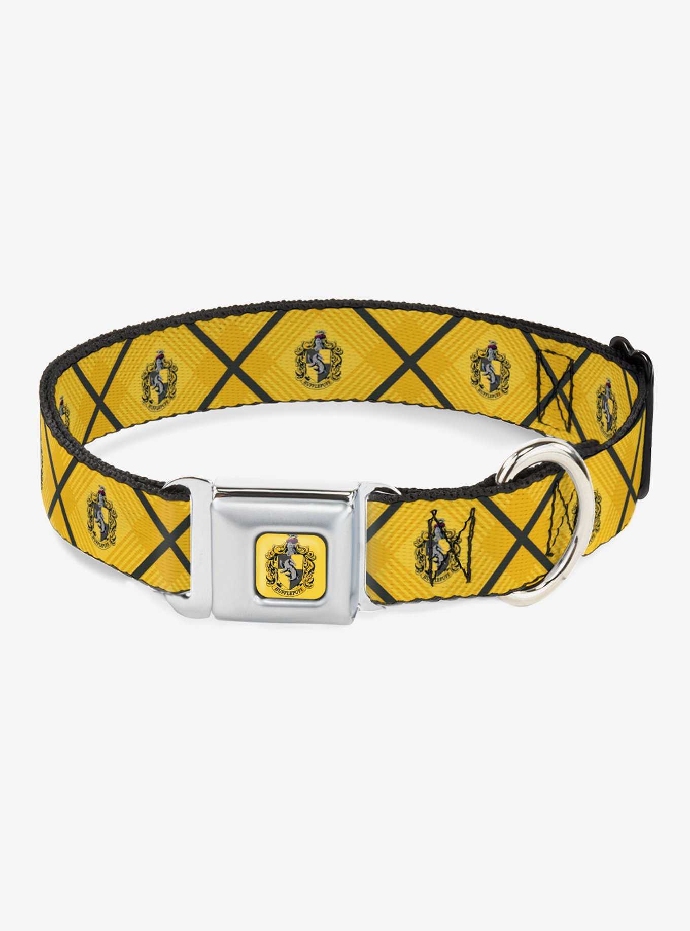 Harry Potter Hufflepuff Crest Plaid Yellows Gray Seatbelt Buckle Dog Collar, , hi-res