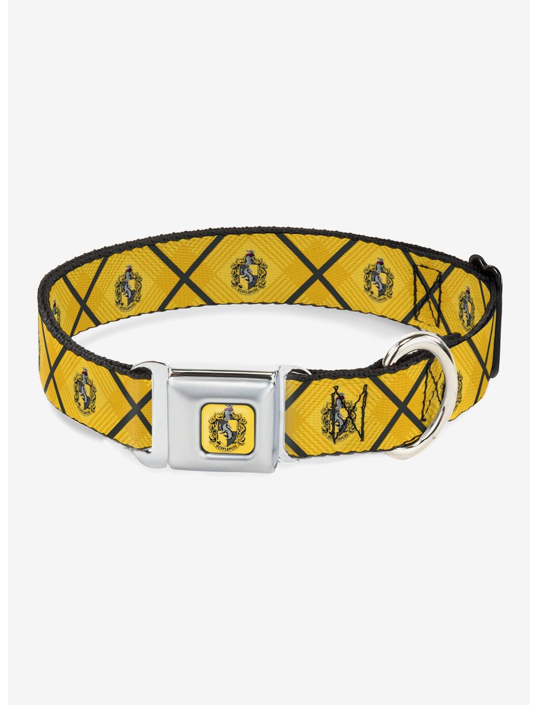 Harry Potter Hufflepuff Crest Plaid Yellows Gray Seatbelt Buckle Dog Collar, MULTICOLOR, hi-res