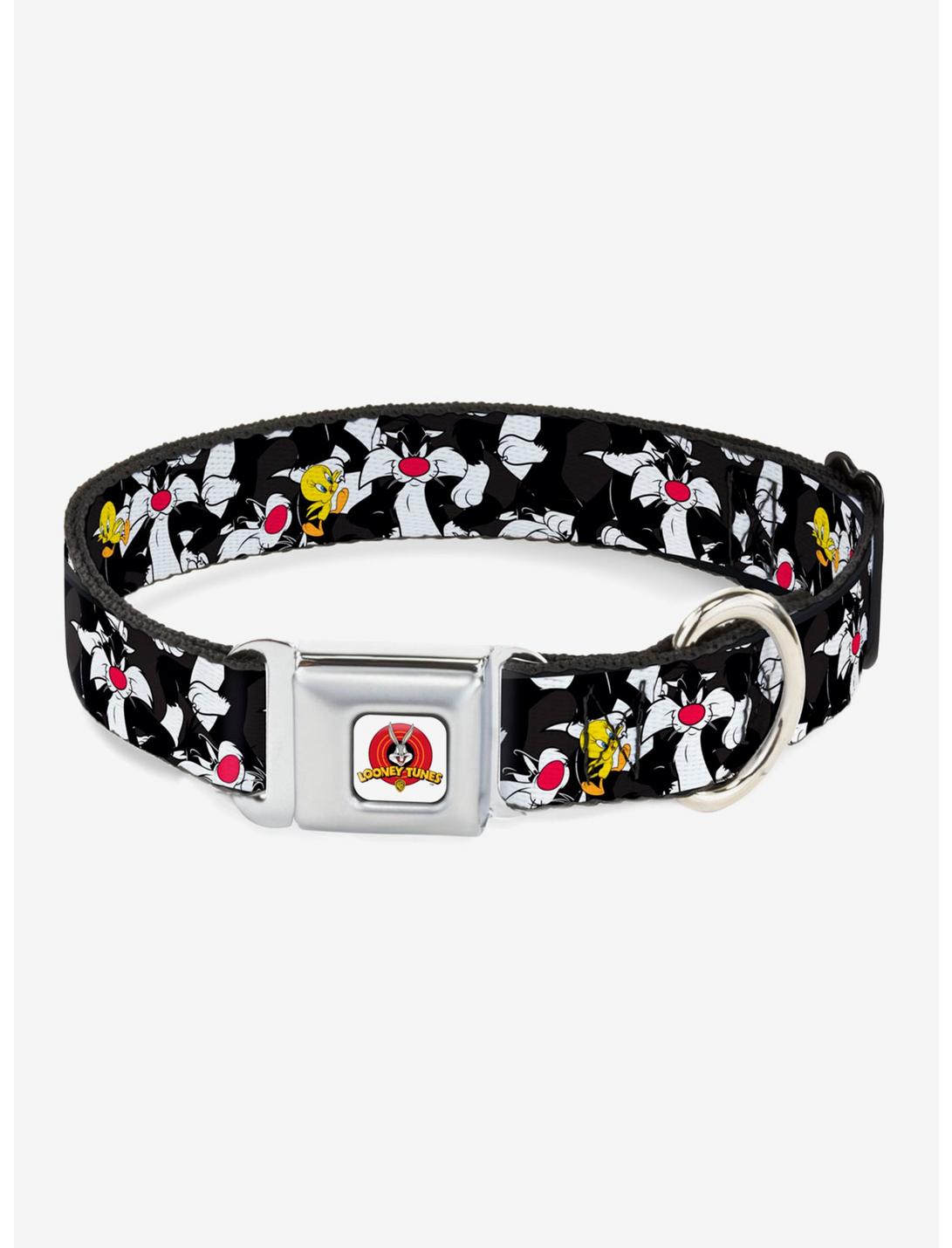 Looney Tunes Sylvester And Tweety Scattered Charcoal Seatbelt Buckle Dog Collar, GREY, hi-res