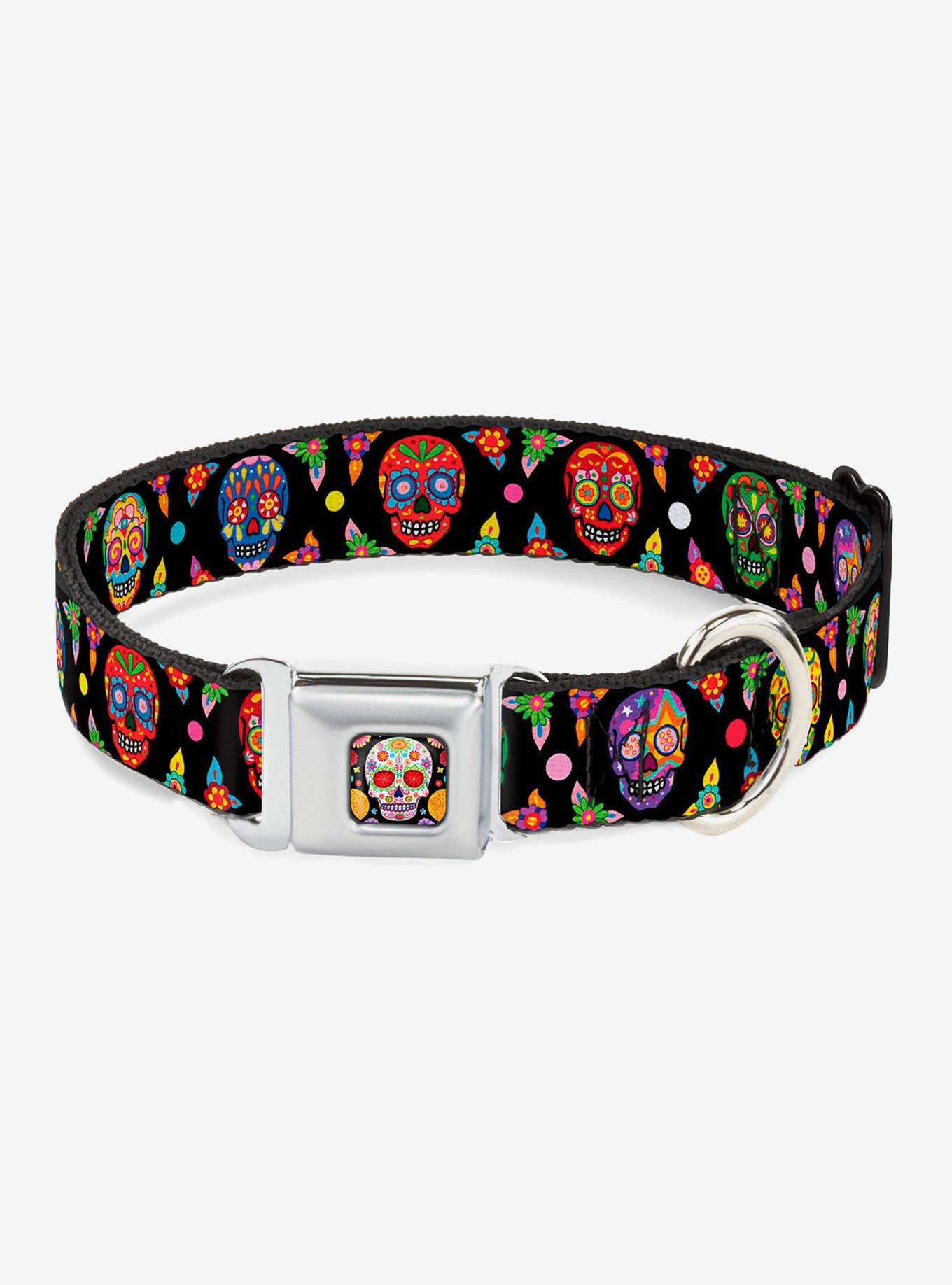 Colorful Calaveras Black Multi Color Seatbelt Buckle Dog Collar, , hi-res