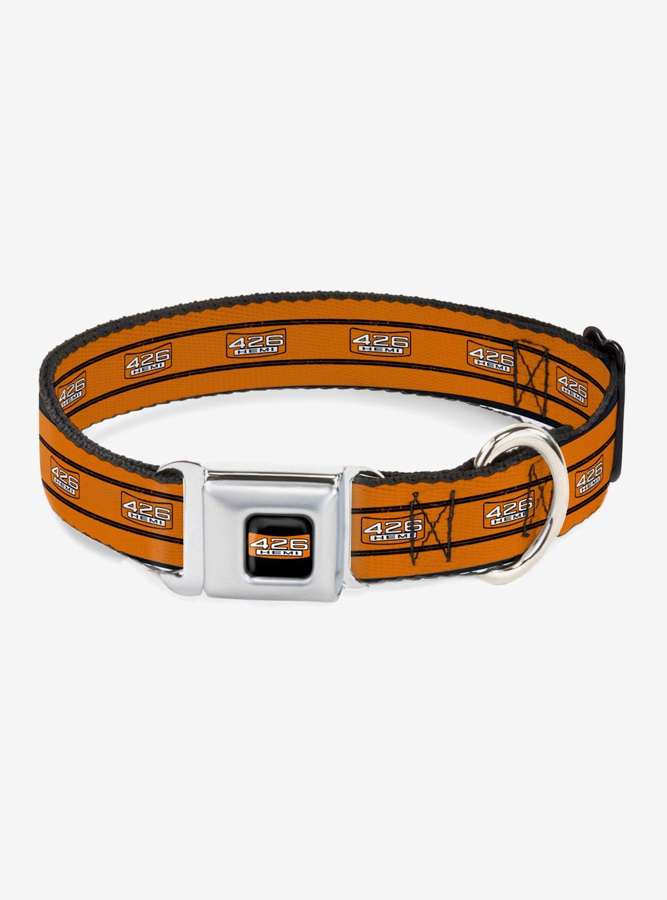 426 Hemi Badge Stripes Weathered Seatbelt Buckle Dog Collar, ORANGE, hi-res