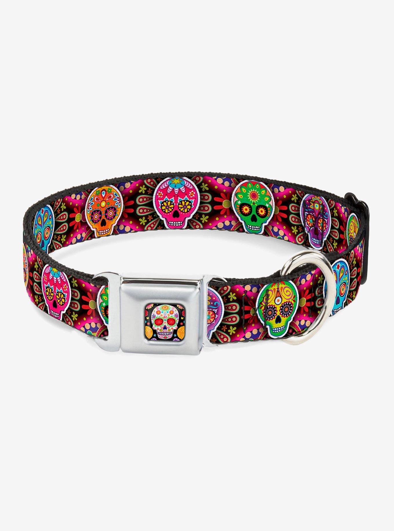 Six Sugar Skulls Seatbelt Buckle Dog Collar, MULTICOLOR, hi-res