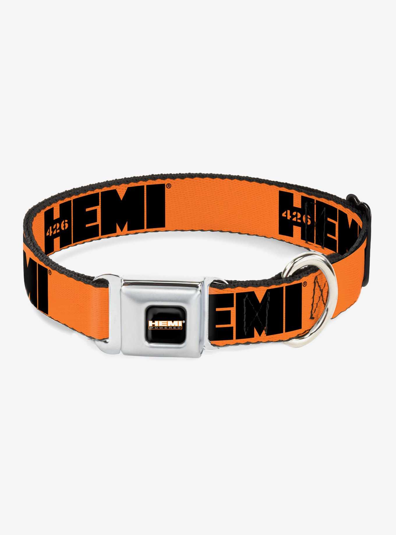Hemi 426 Logo Repeat Orange Black Seatbelt Buckle Dog Collar, , hi-res