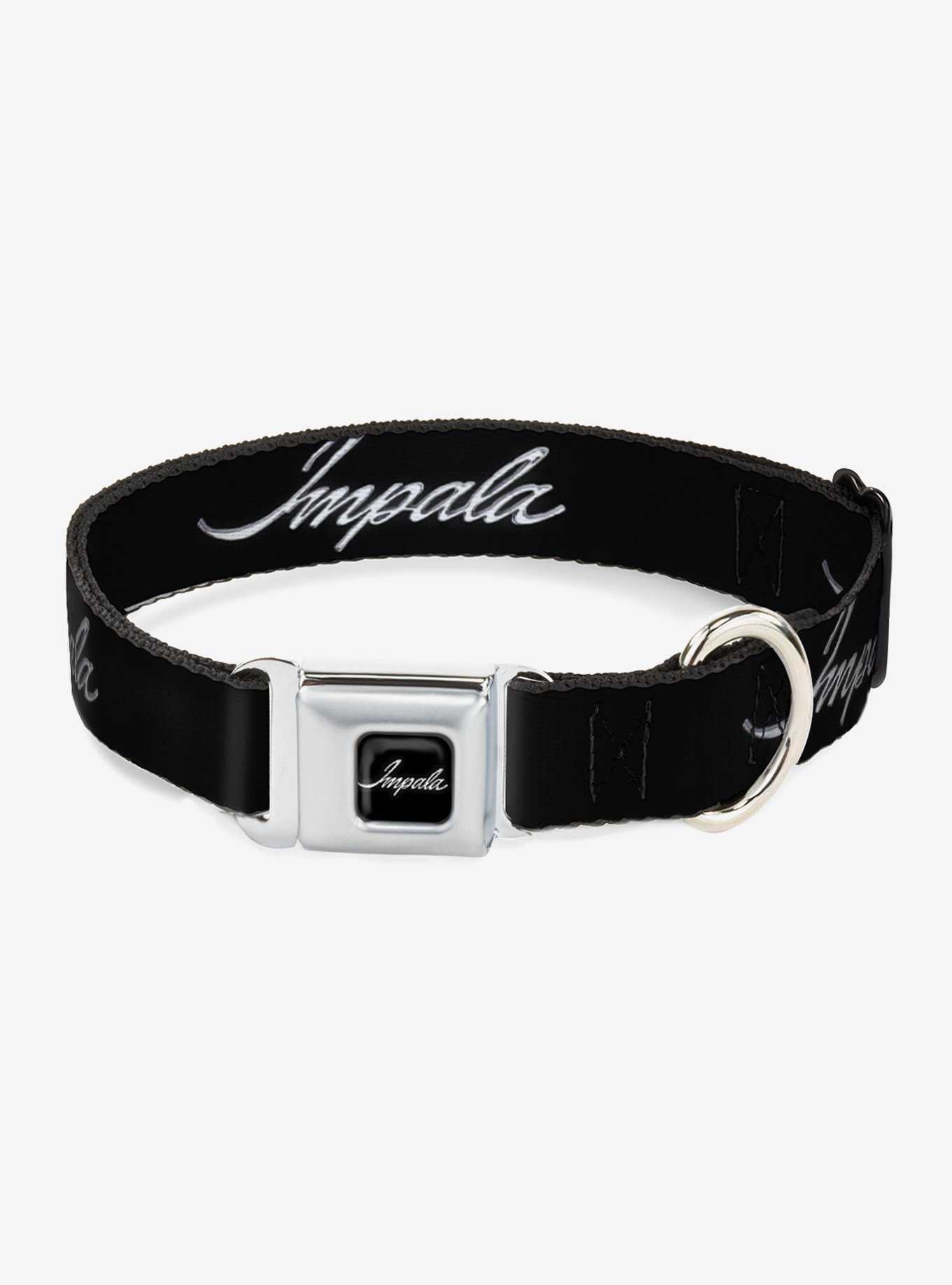Impala Script Emblem Black Silver Seatbelt Buckle Dog Collar, , hi-res