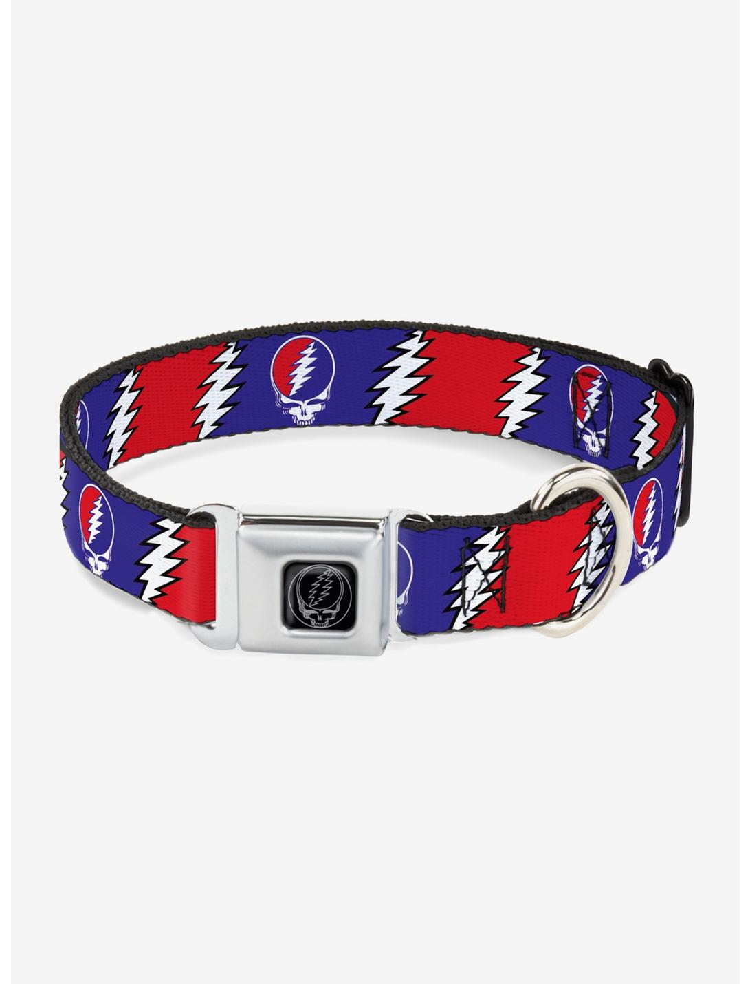 Grateful Dead Steal Your Face Lightning Bolt Seatbelt Buckle Dog Collar, RED, hi-res