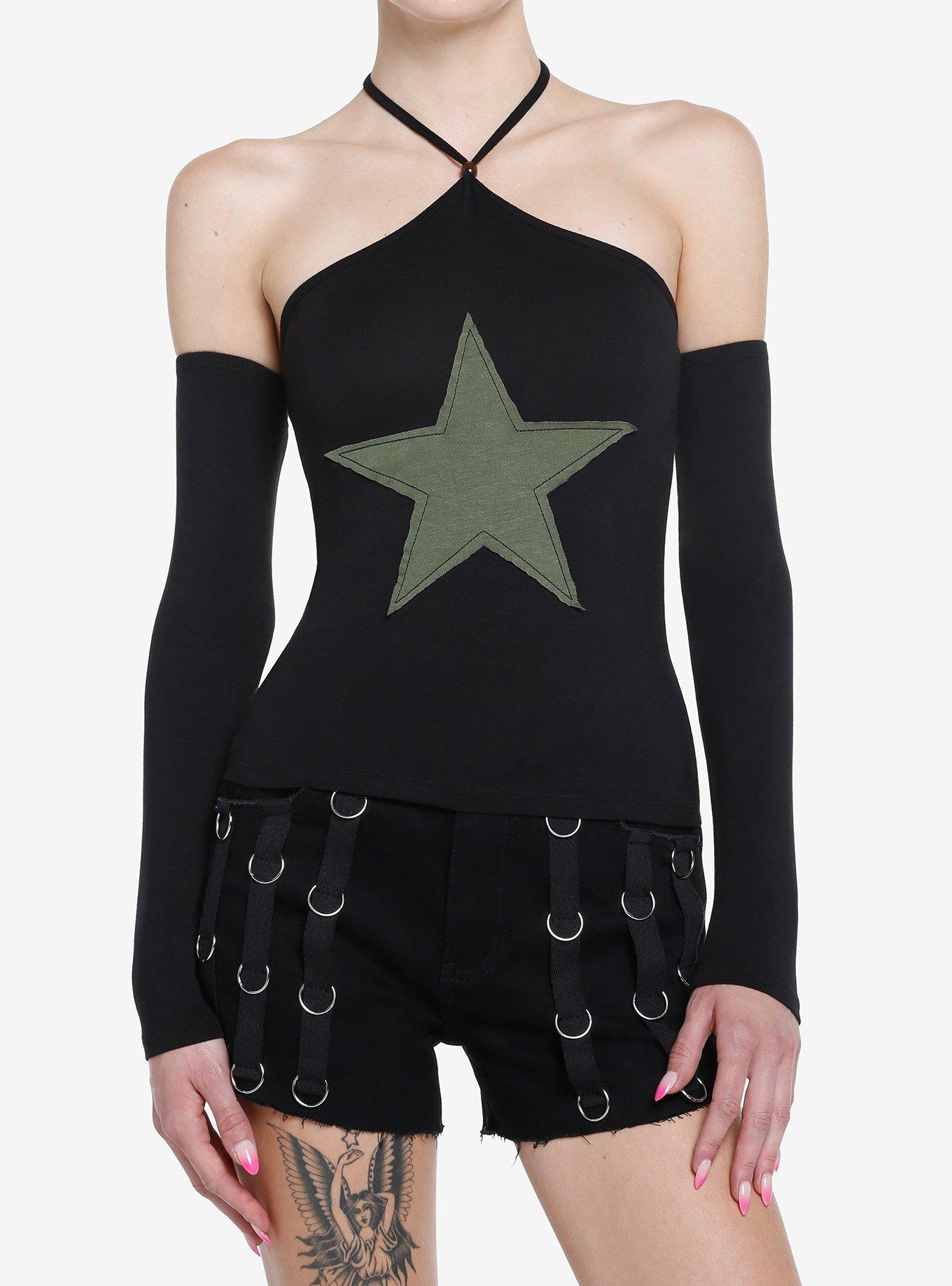 Social Collision Green Star Crop Girls Long-Sleeve Top, BLACK, hi-res