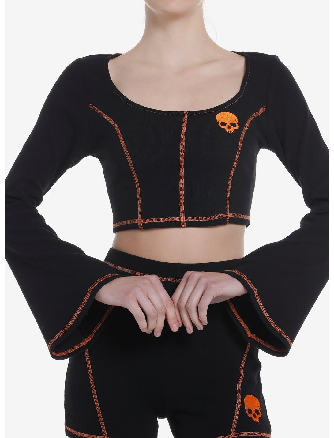 Social Collision Black & Orange Stitch Skull Bell Sleeve Girls Top, BLACK, hi-res