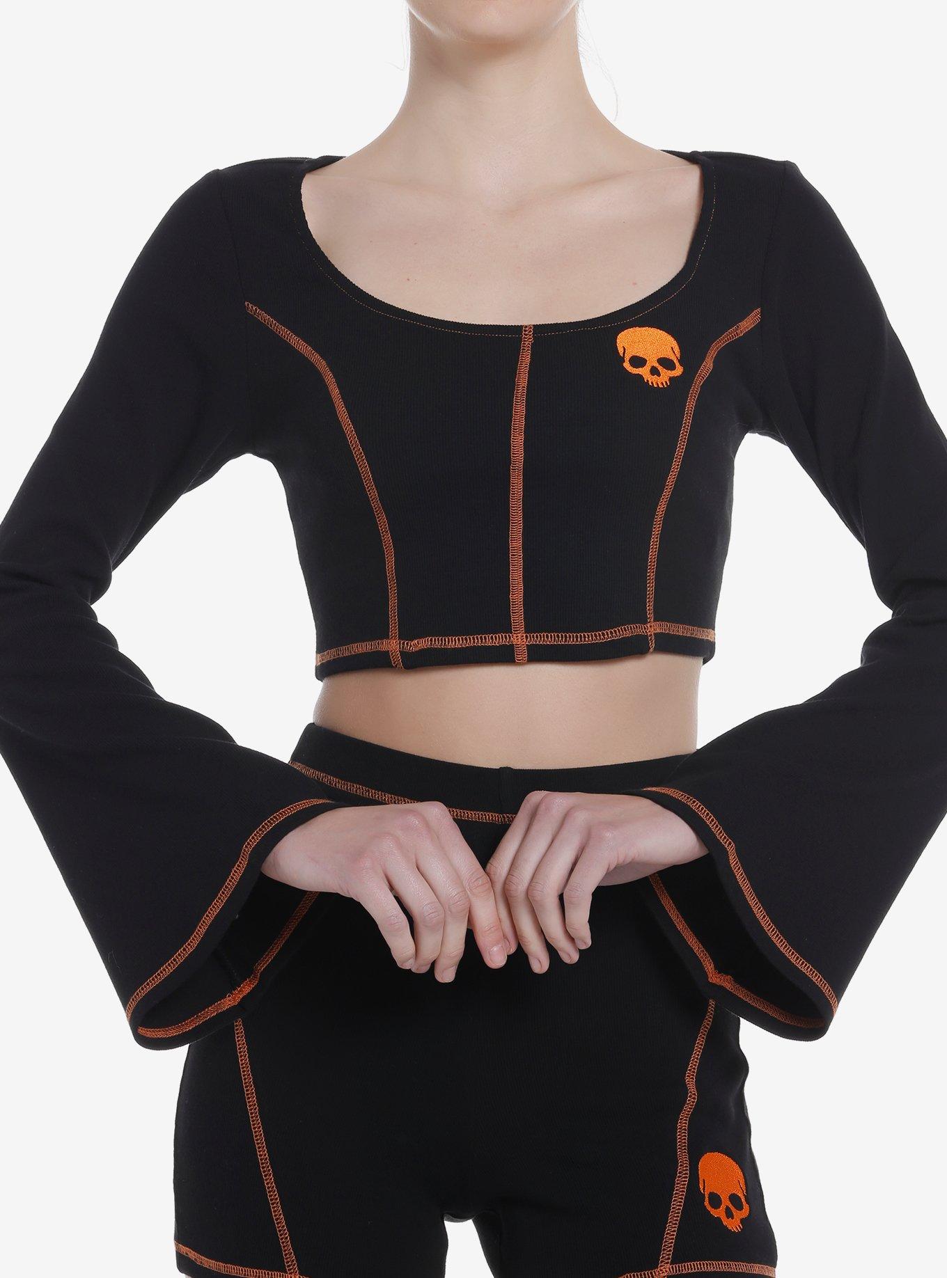 Social Collision Black & Orange Stitch Skull Bell Sleeve Girls Top, BLACK, hi-res