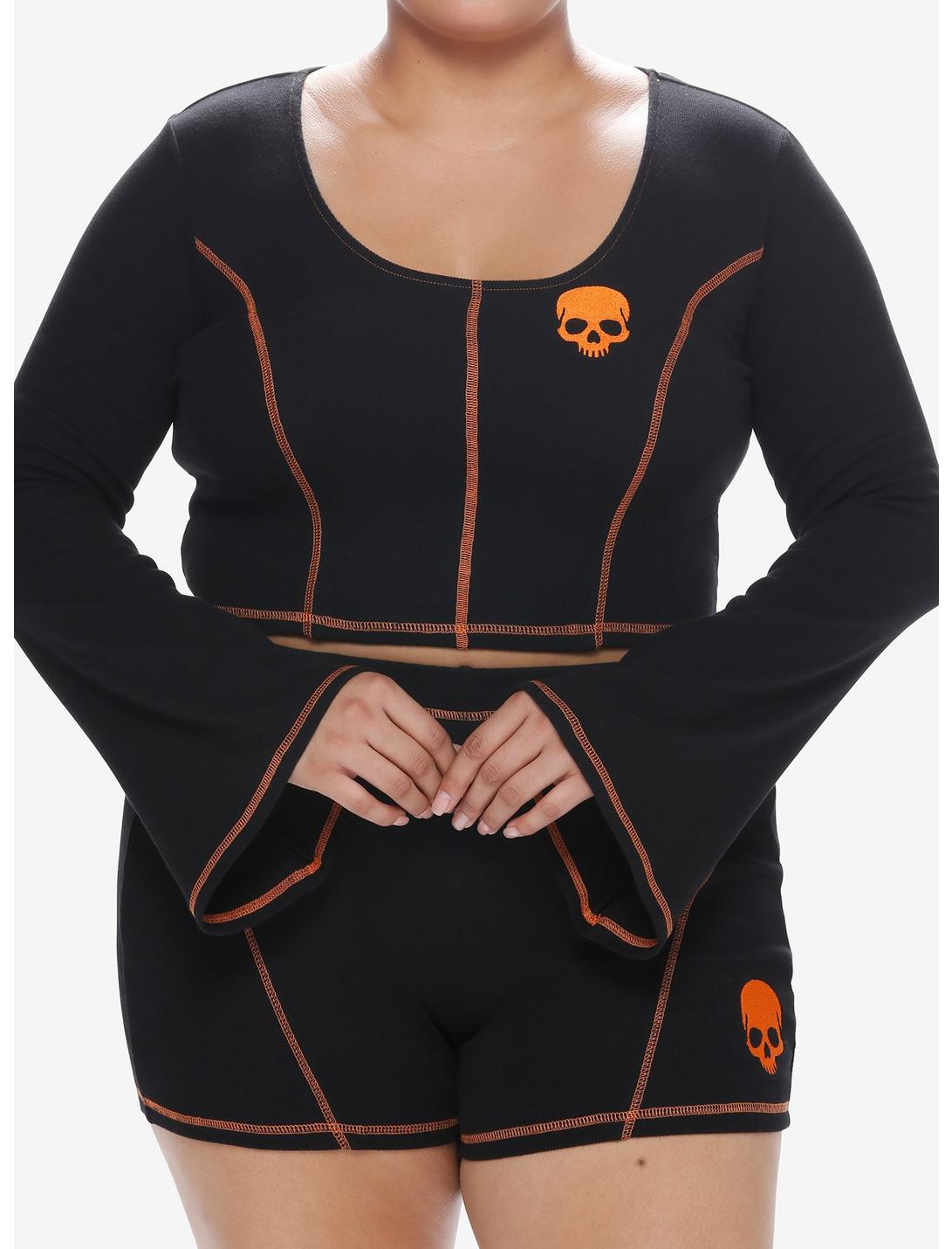 Social Collision Black & Orange Stitch Skull Bell Sleeve Girls Top Plus Size, BLACK, hi-res