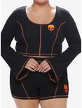 Social Collision Black & Orange Stitch Skull Bell Sleeve Girls Top Plus Size, BLACK, hi-res