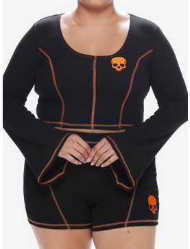 Social Collision Black & Orange Stitch Skull Bell Sleeve Girls Top Plus Size, , hi-res