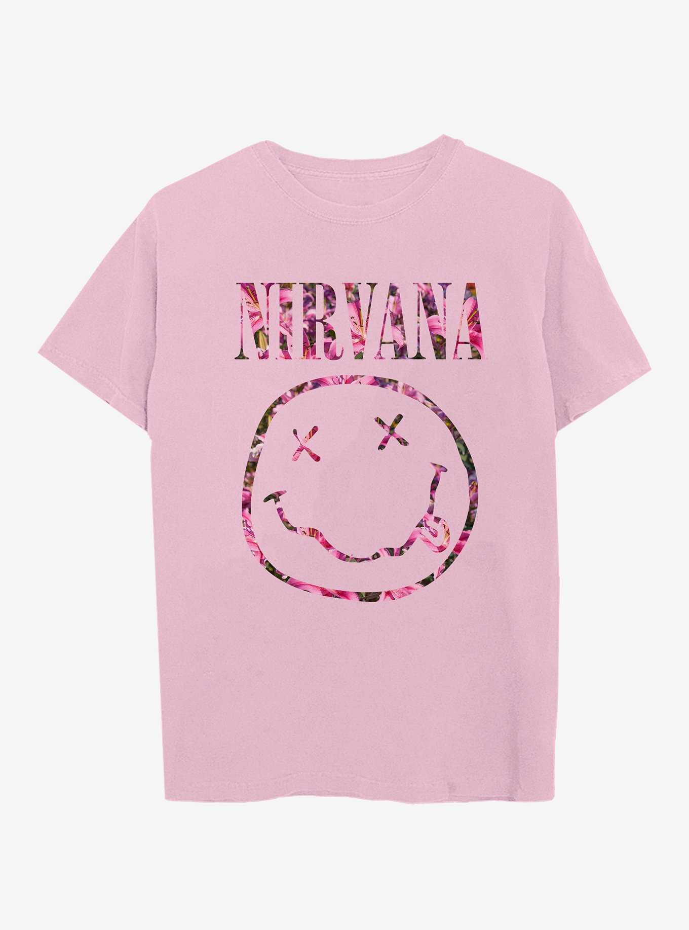 Nirvana Floral Smile Logo Boyfriend Fit Girls T-Shirt, PINK, hi-res