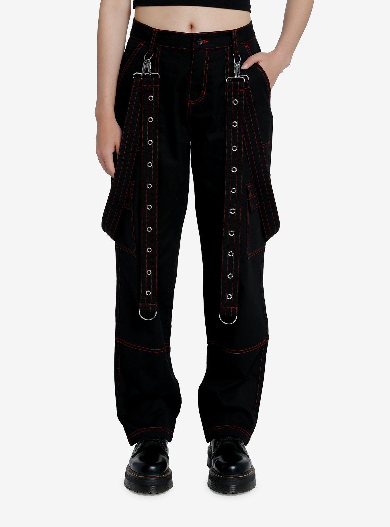 Red Stitch Black Cargo Suspender Pants, BLACK  RED, hi-res