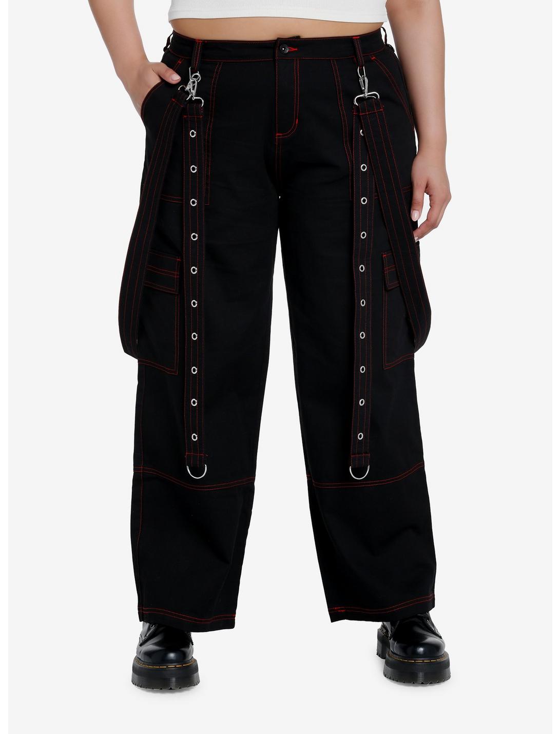 Red Stitch Black Cargo Suspender Pants Plus Size, BLACK  RED, hi-res
