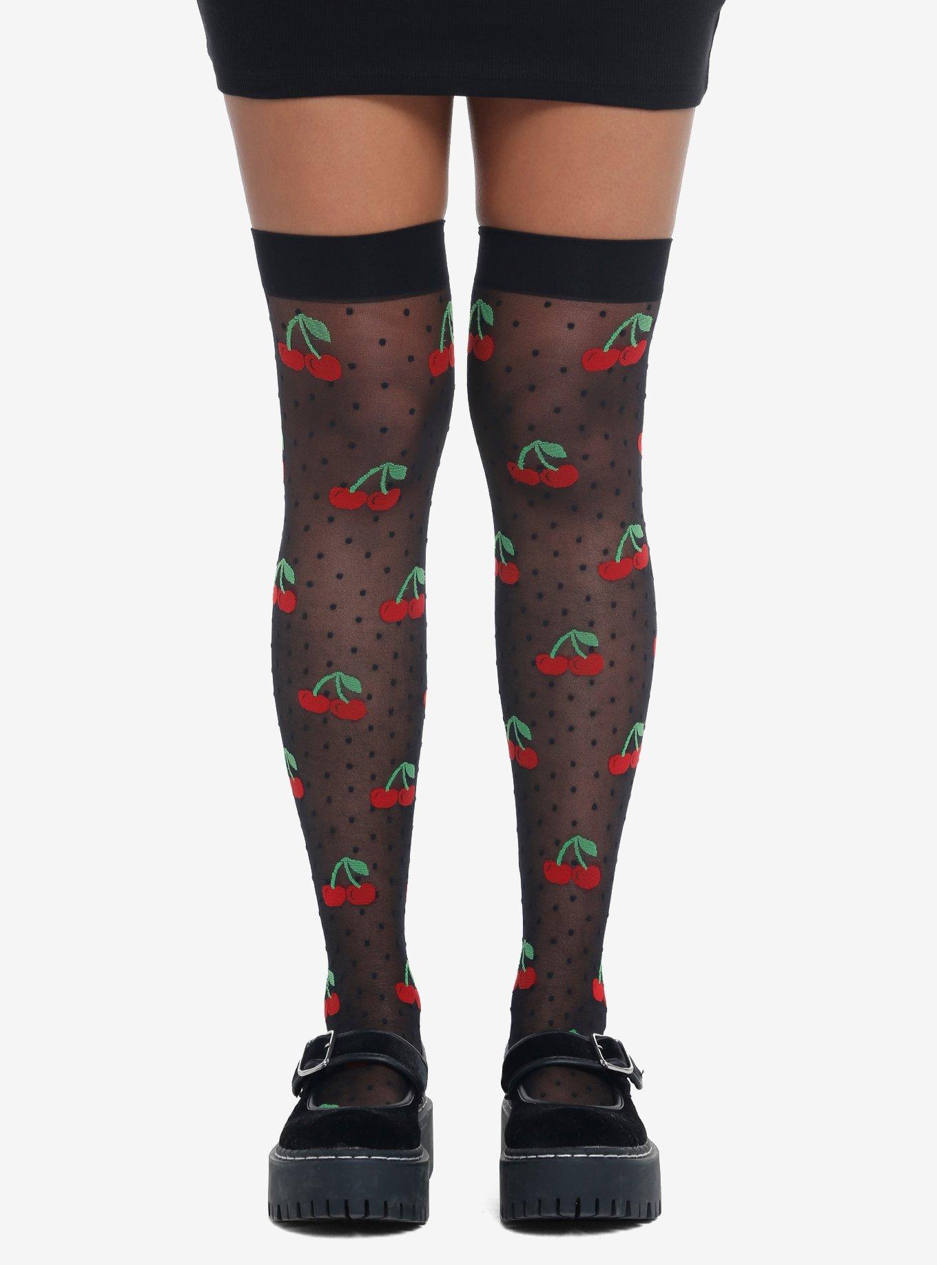 Black Polka Dot Cherry Thigh Highs, , hi-res