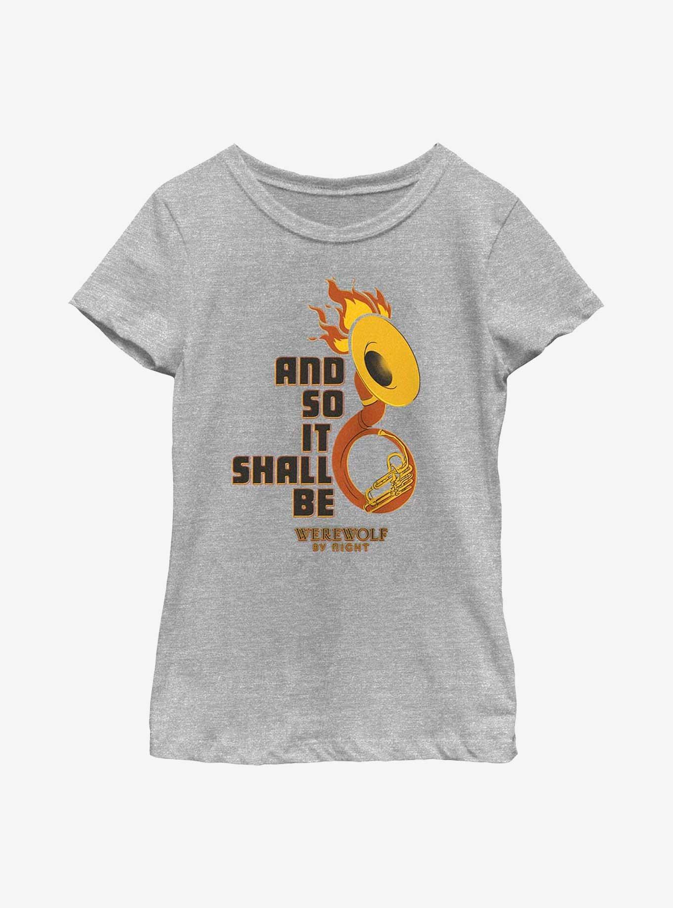 Marvel Studios' Special Presentation: Werewolf By Night Flaming Horn Youth Girls T-Shirt, ATH HTR, hi-res