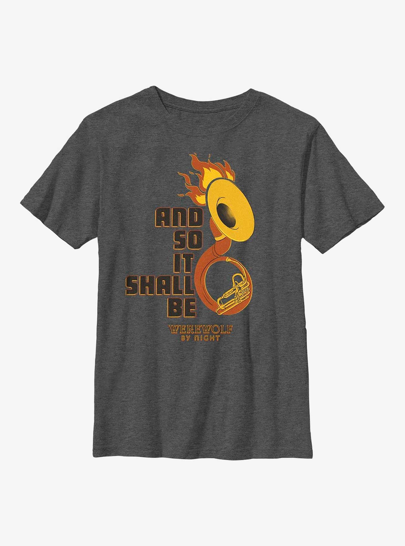 Marvel Studios' Special Presentation: Werewolf By Night Flaming Horn Youth T-Shirt, CHAR HTR, hi-res