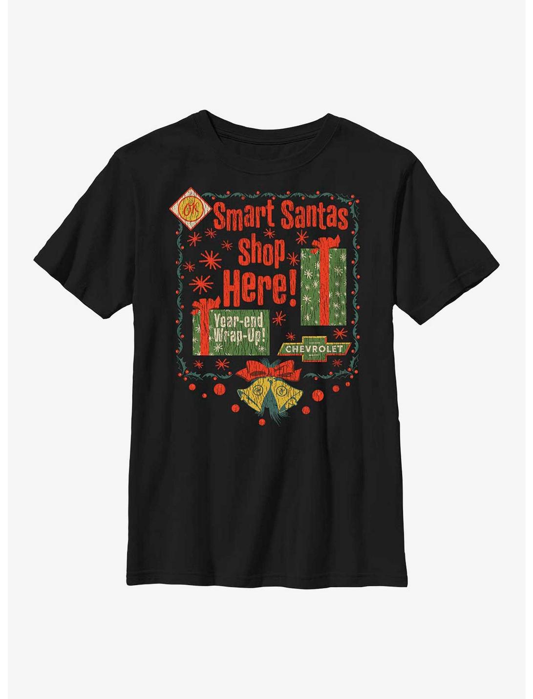 General Motors Smart Santas Shop Chevy Youth T-Shirt, BLACK, hi-res