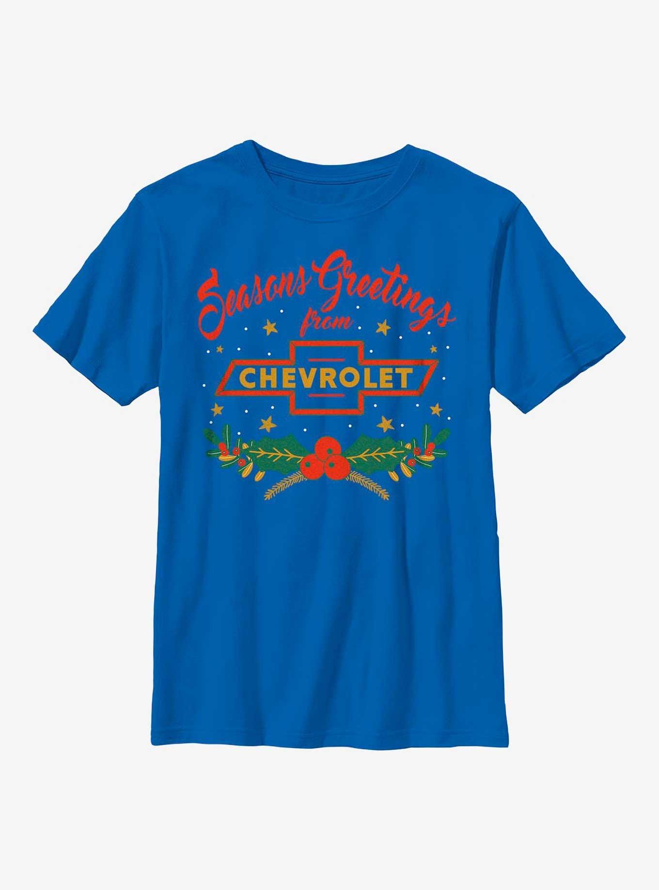 General Motors Chevrolet Seasons Greetings Youth T-Shirt, ROYAL, hi-res view 1