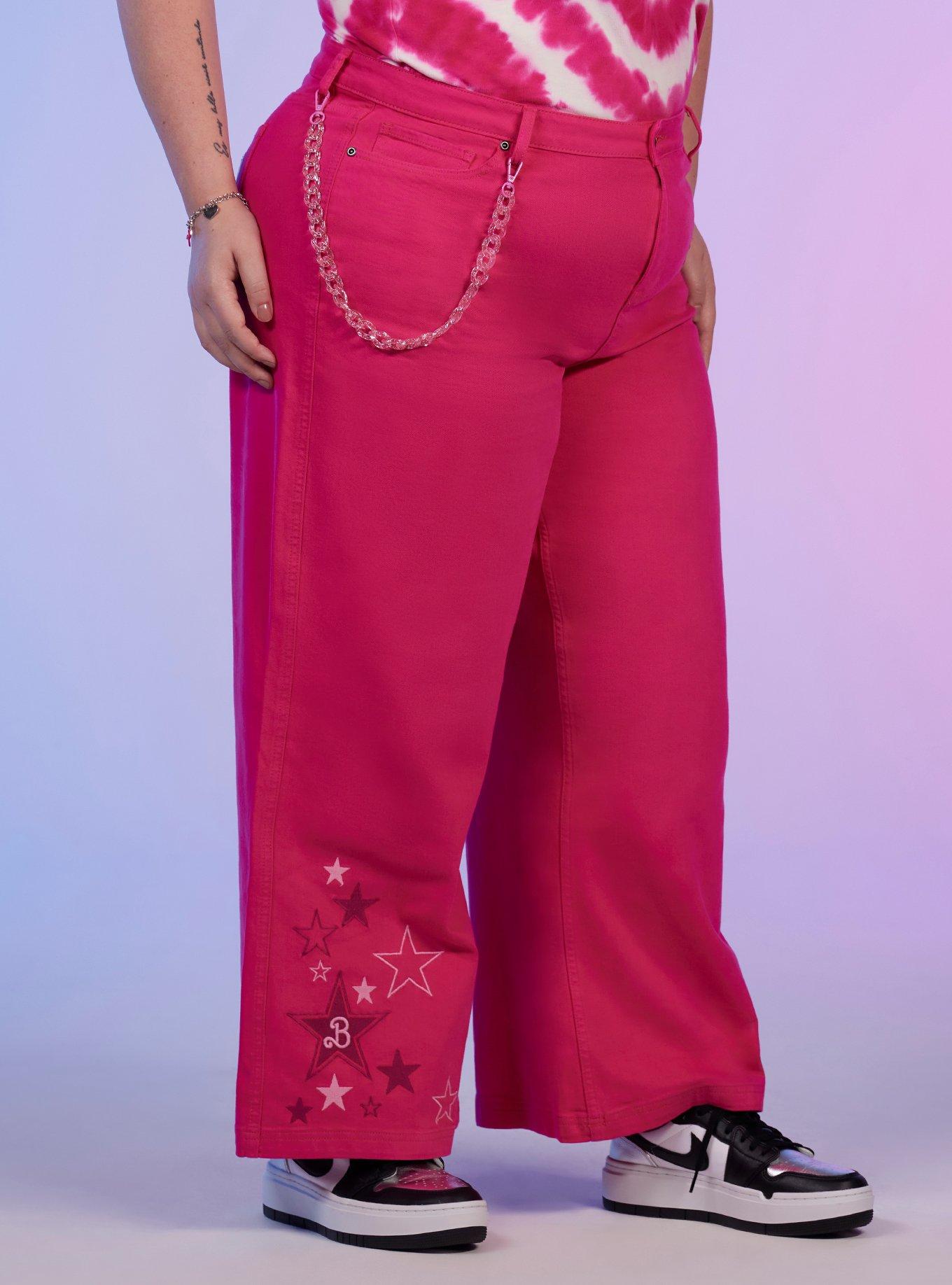 Barbie Hot Pink Star Chain High-Waisted Denim Pants Plus Size, WHITE, hi-res