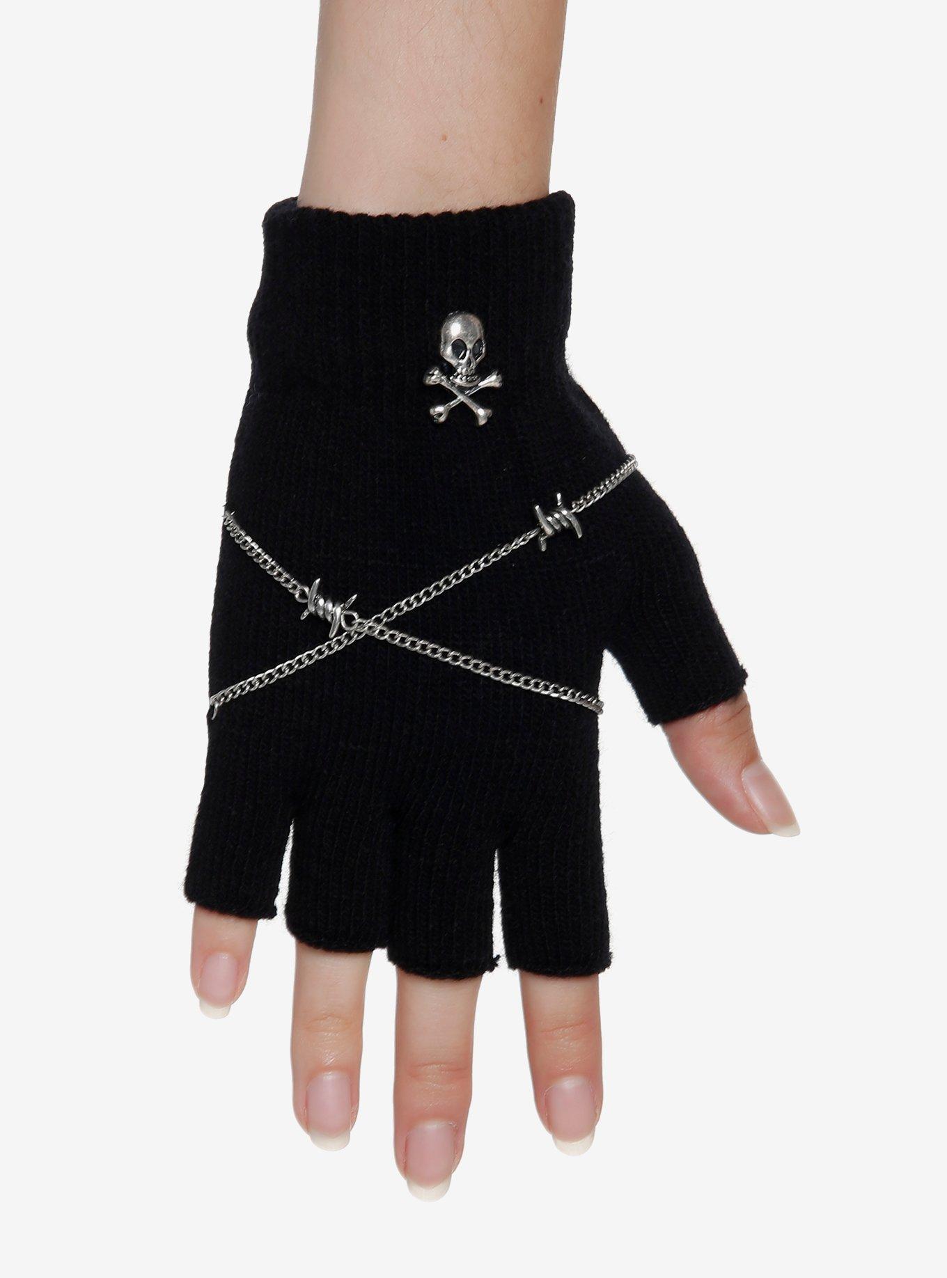 Skull Barbed Wire Chain Fingerless Gloves, , hi-res