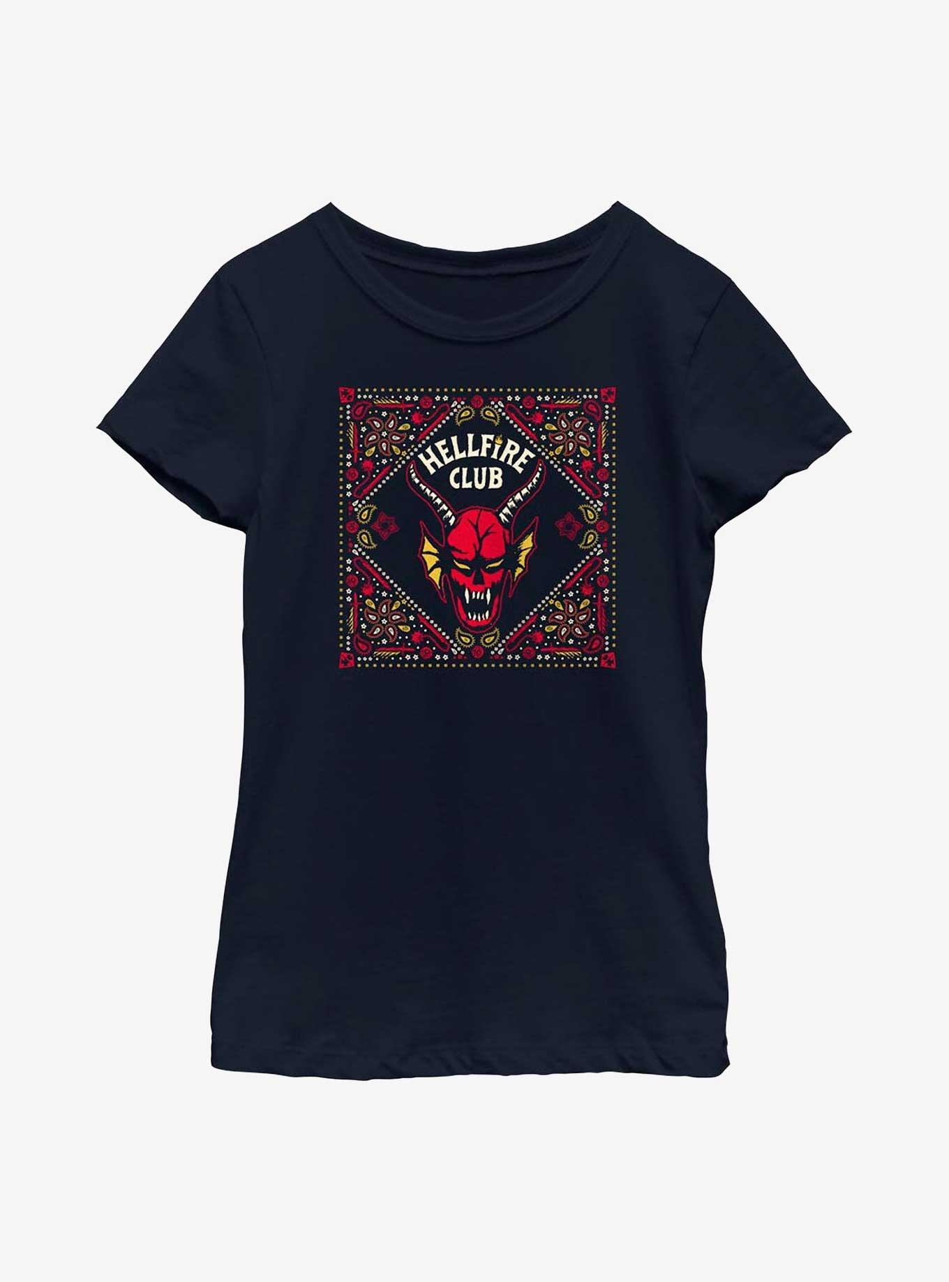 Stranger Things Hellfire Club Pattern Youth Girls T-Shirt, NAVY, hi-res