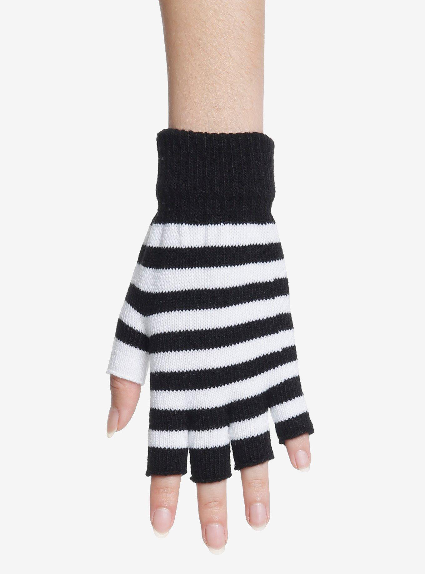 Black & White Stripe Fingerless Gloves, , hi-res