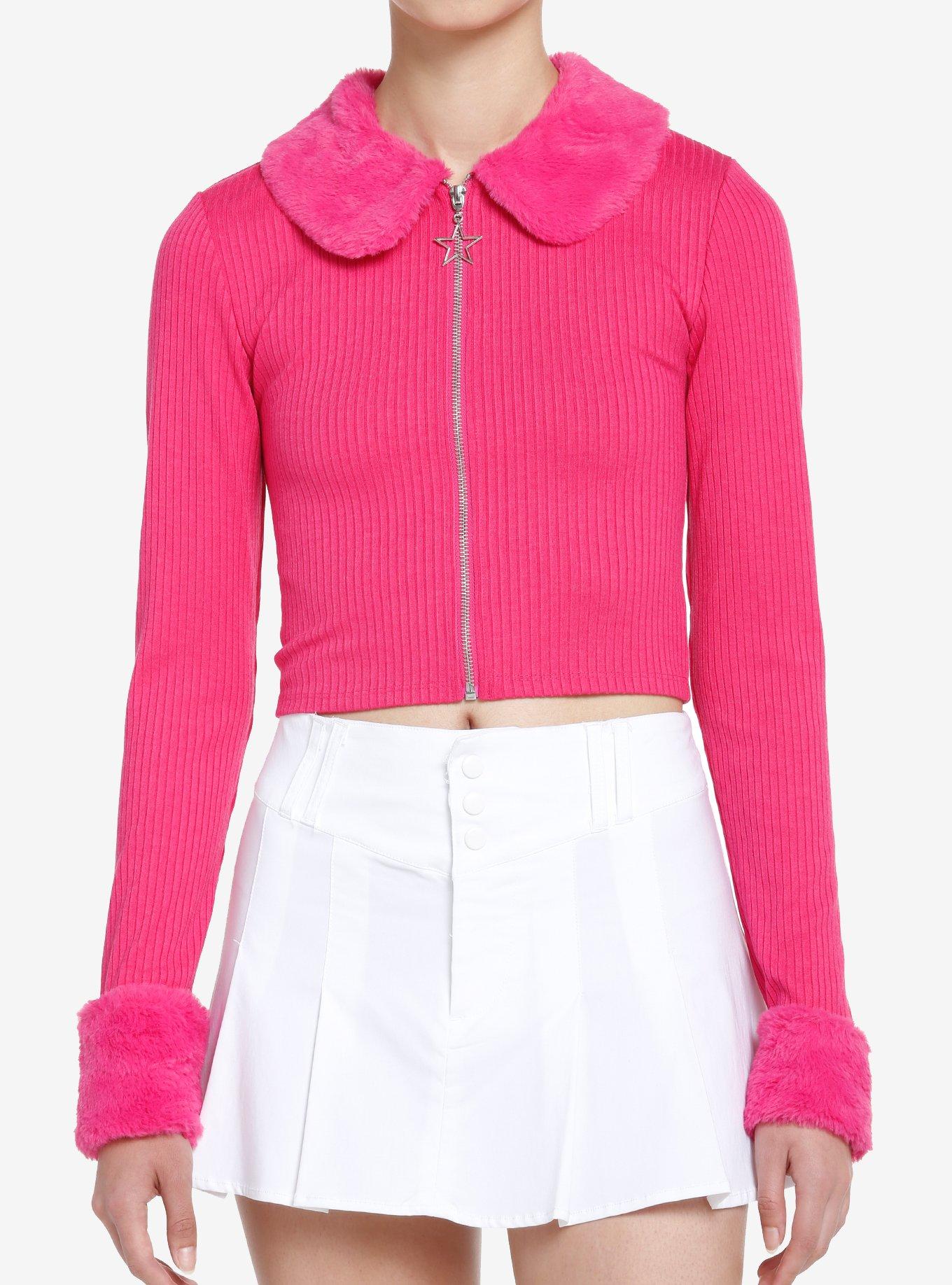 Sweet Society Hot Pink Faux Fur Zipper Girls Long-Sleeve Top, FUSCHIA PURPLE, hi-res