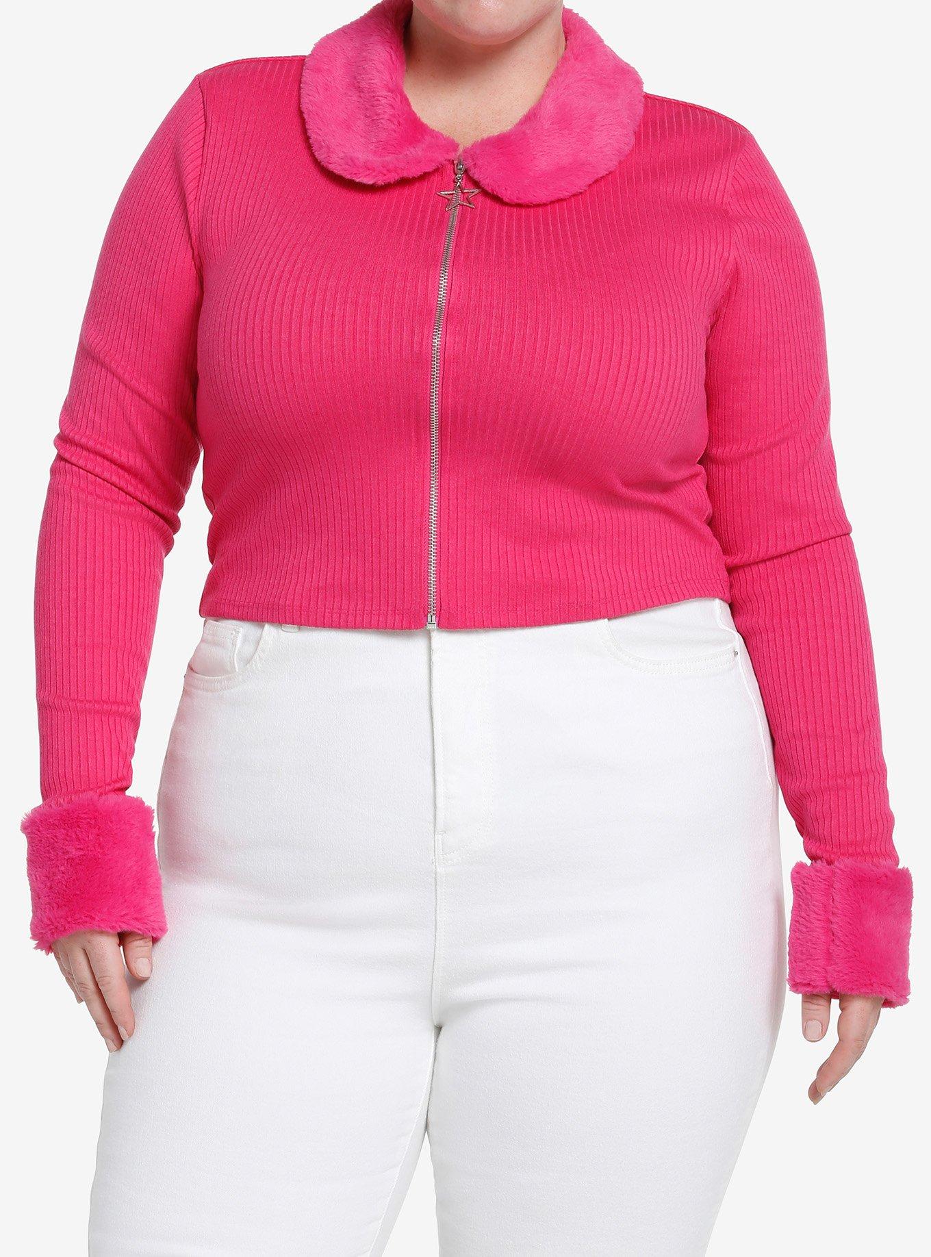 Sweet Society Hot Pink Faux Fur Zipper Girls Long-Sleeve Top Plus Size, FUSCHIA PURPLE, hi-res