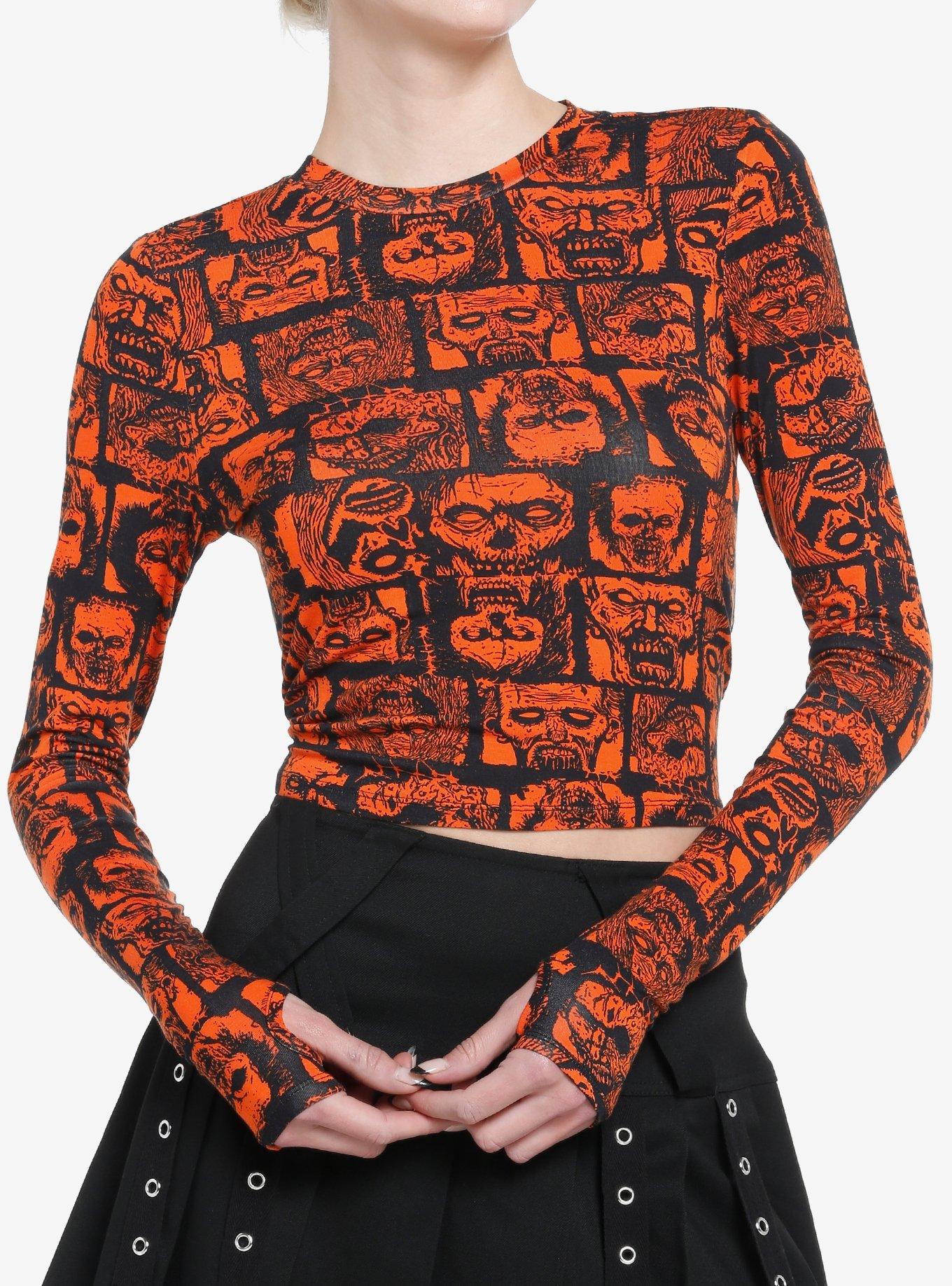 Social Collision Zombie Grid Girls Crop Long-Sleeve Top, ORANGE, hi-res