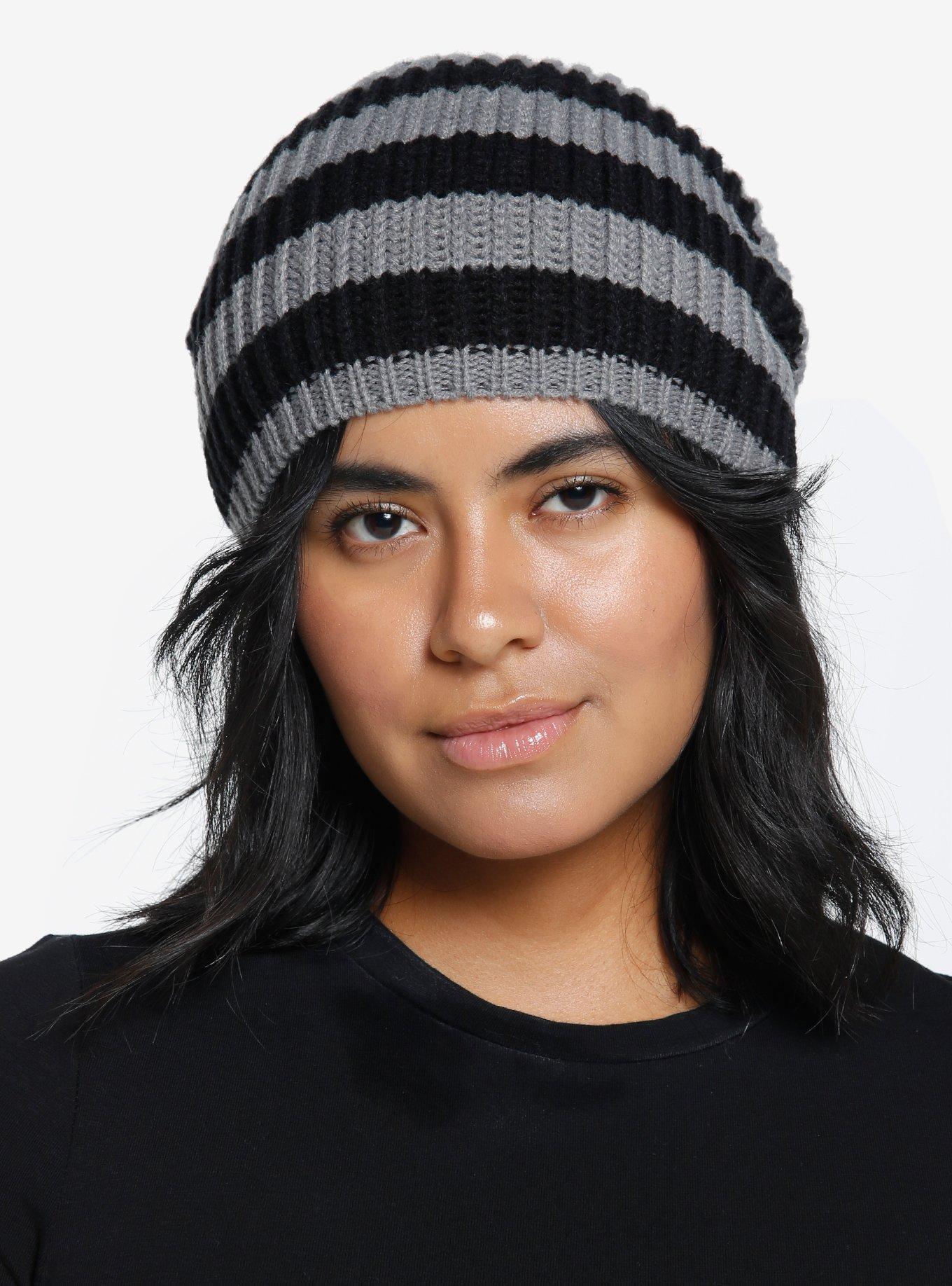 Black & Grey Stripe Knit Beanie | Hot Topic